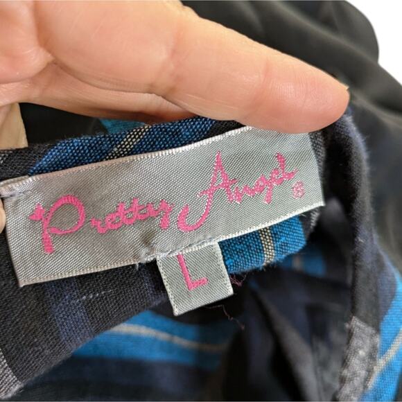 Pretty Angel Tunic Top Large Blue Black Striped Overlay Lagenlook Whimsygoth - Picture 5 of 7